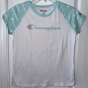 Champion Girl Logo Raglan White Mint Short Sleeve Top NWOT Size XL